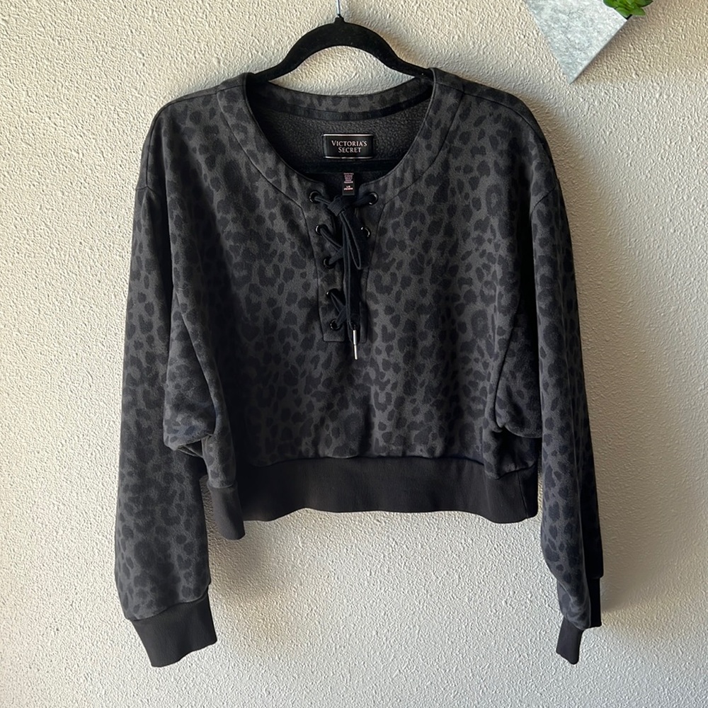 Victoria’s Secret grey & black cropped leopard print lace up sweatshirt